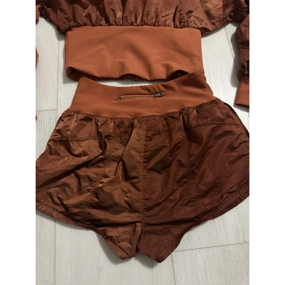 Free People Movement Start Me Up Hoodie Jacket & Shorts Set Sz S Bronze Color